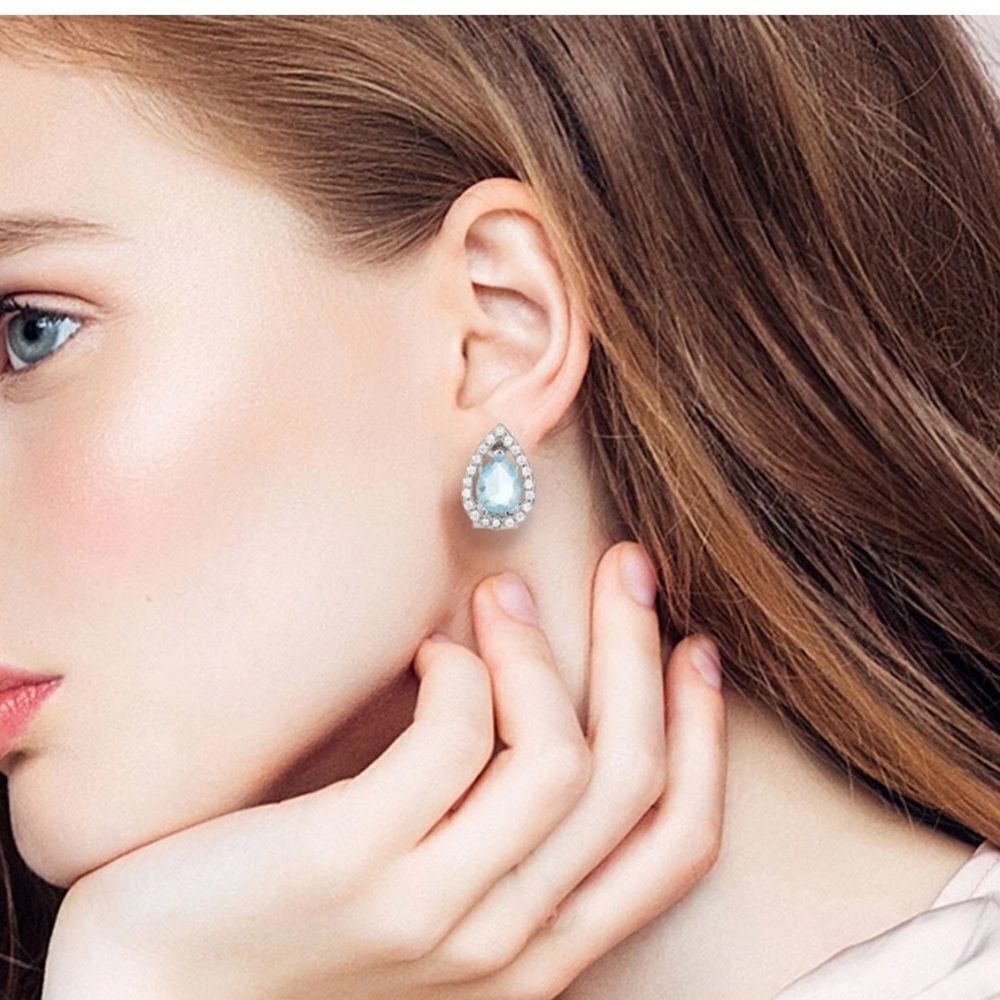 Blue Topaz Tear Drop hinge closure silver earrings - Picture 2 of 9